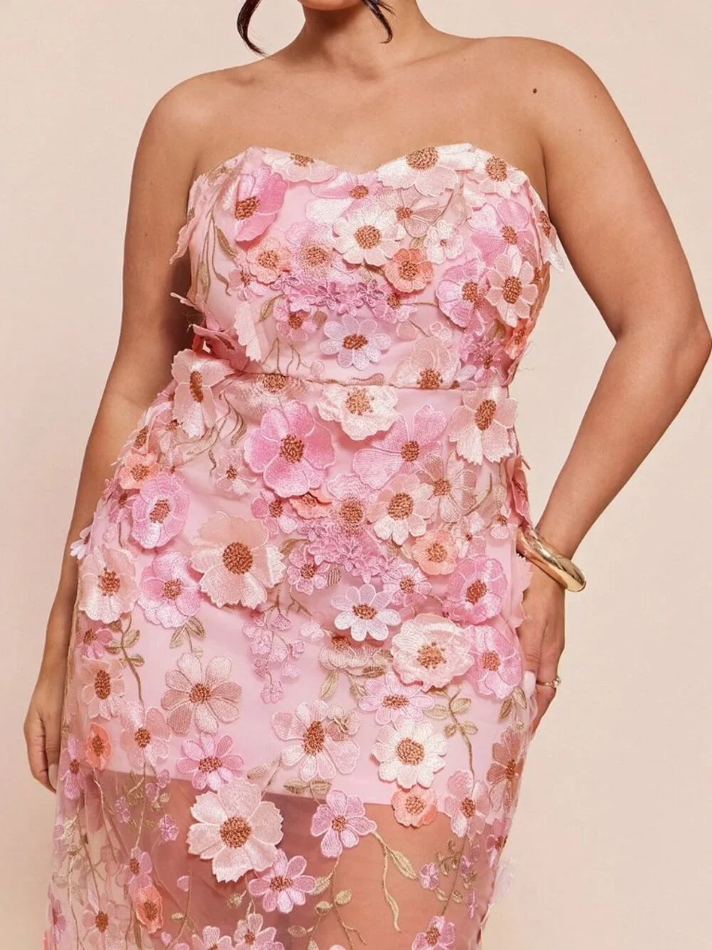 Pink Boho Women's 3D Floral Ruched Mermaid Hem Bodycon Dress